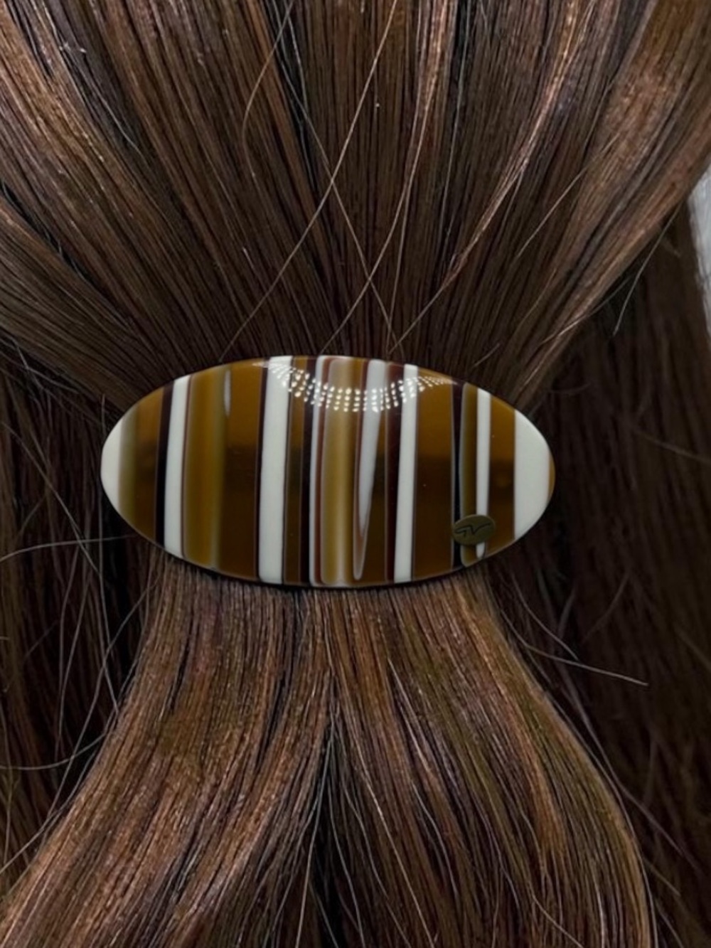 VTG Gloria Vanderbilt Oval Hair Clip Striped Celluloid Brown Beige White Oval